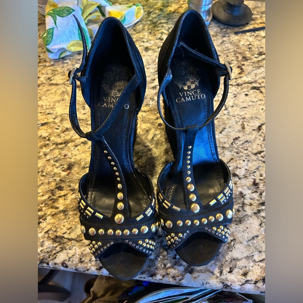 Vince Camuto Simonas- 4 3/4” heel black and gold. Chunk heels.